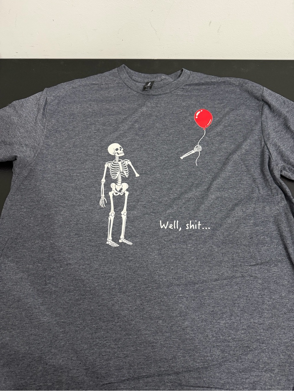 Gildan Heather Navy Graphic Skeleton Tee with Red Balloon